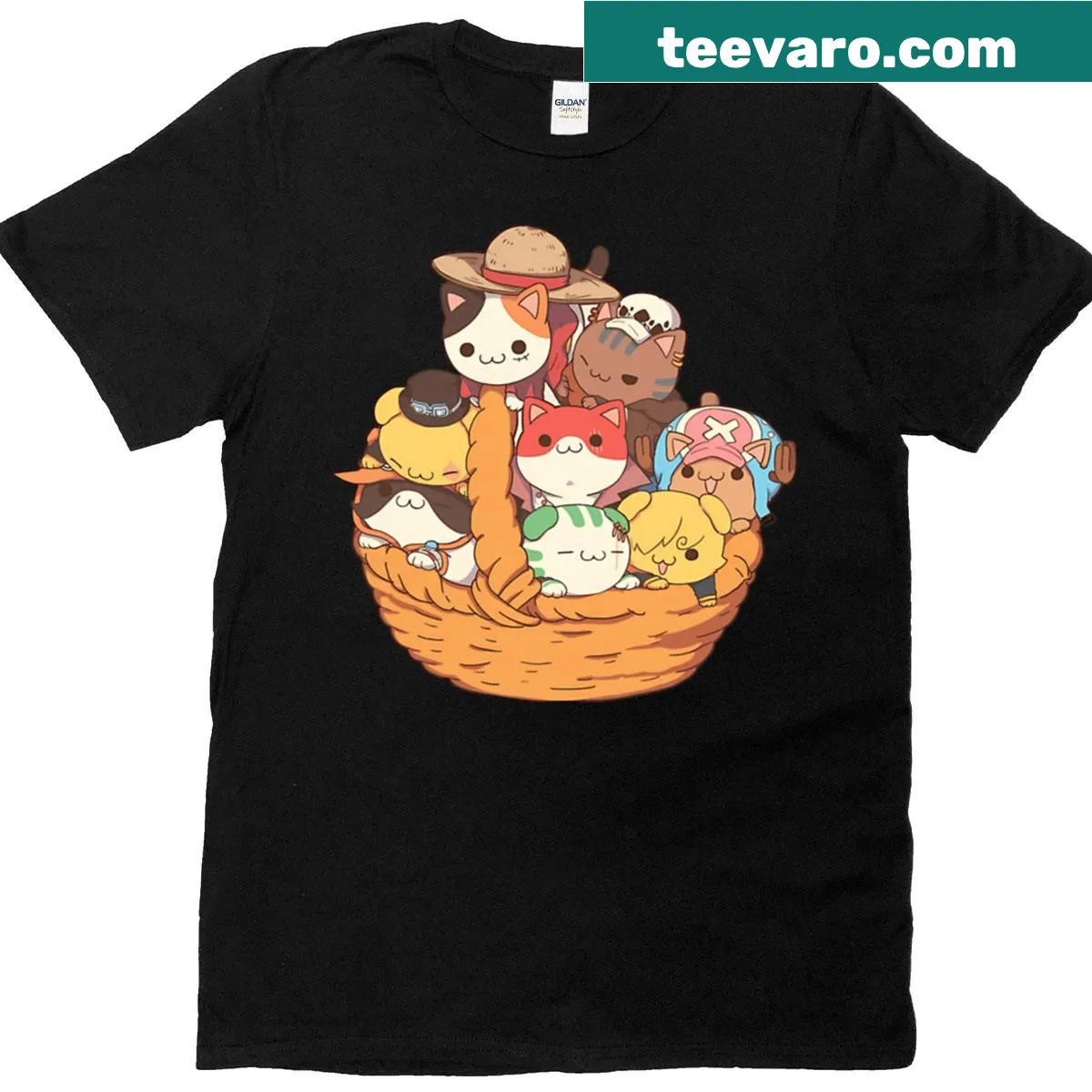 Oversized tee with cute Straw Hat Crew cat illustrations — on a men's t-shirt