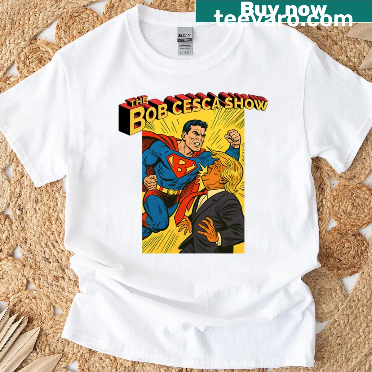 Illustration T-shirt depicting a superhero versus a supervillain — on a men's t-shirt