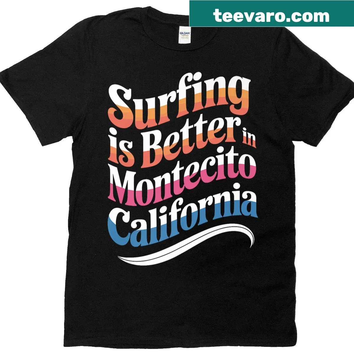 T-shirt featuring a surfing illustration from Montecito, California — on a men's t-shirt