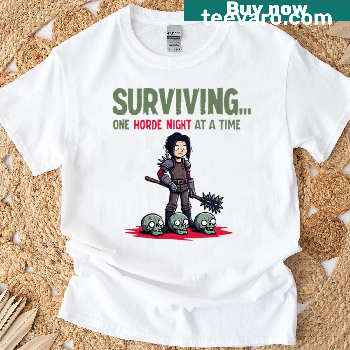 Bold text T-shirt designed for gamers, themed around zombie survival — on a men's t-shirt