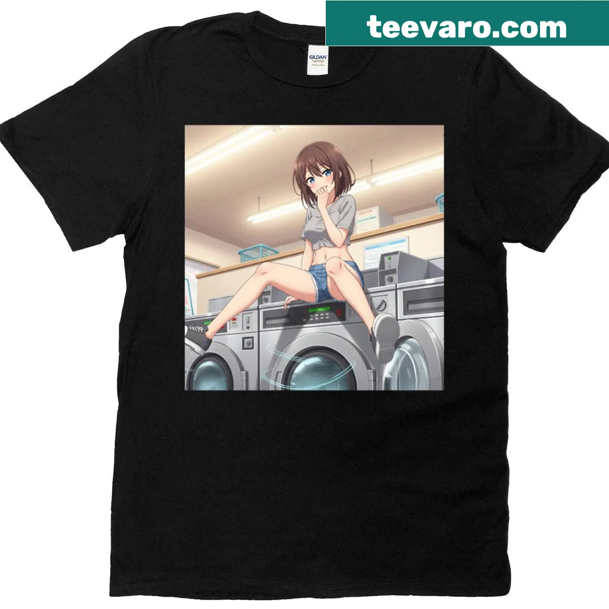Cartoon graphic of a waifu character waiting for laundry — on a men's t-shirt