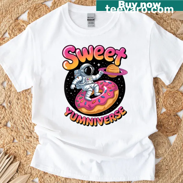 Whimsical donut astronaut illustration on a t-shirt