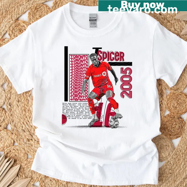 Illustrated soccer player design on t-shirt.