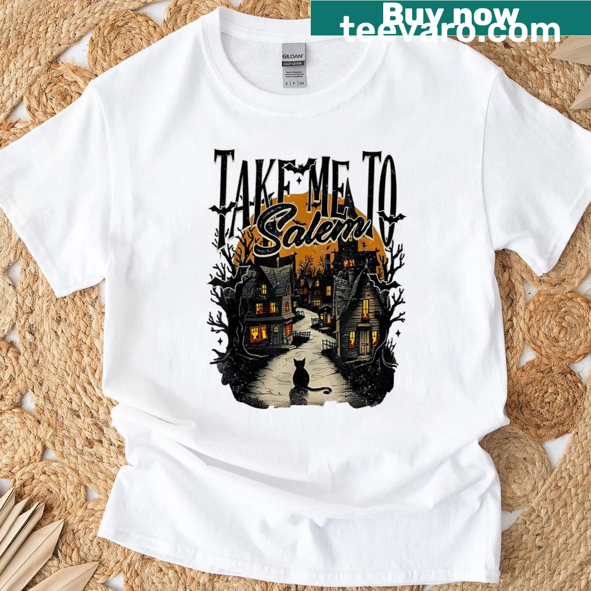 Retro Halloween T-shirt featuring a black cat and 'Take Me To Salem' text — on a men's t-shirt