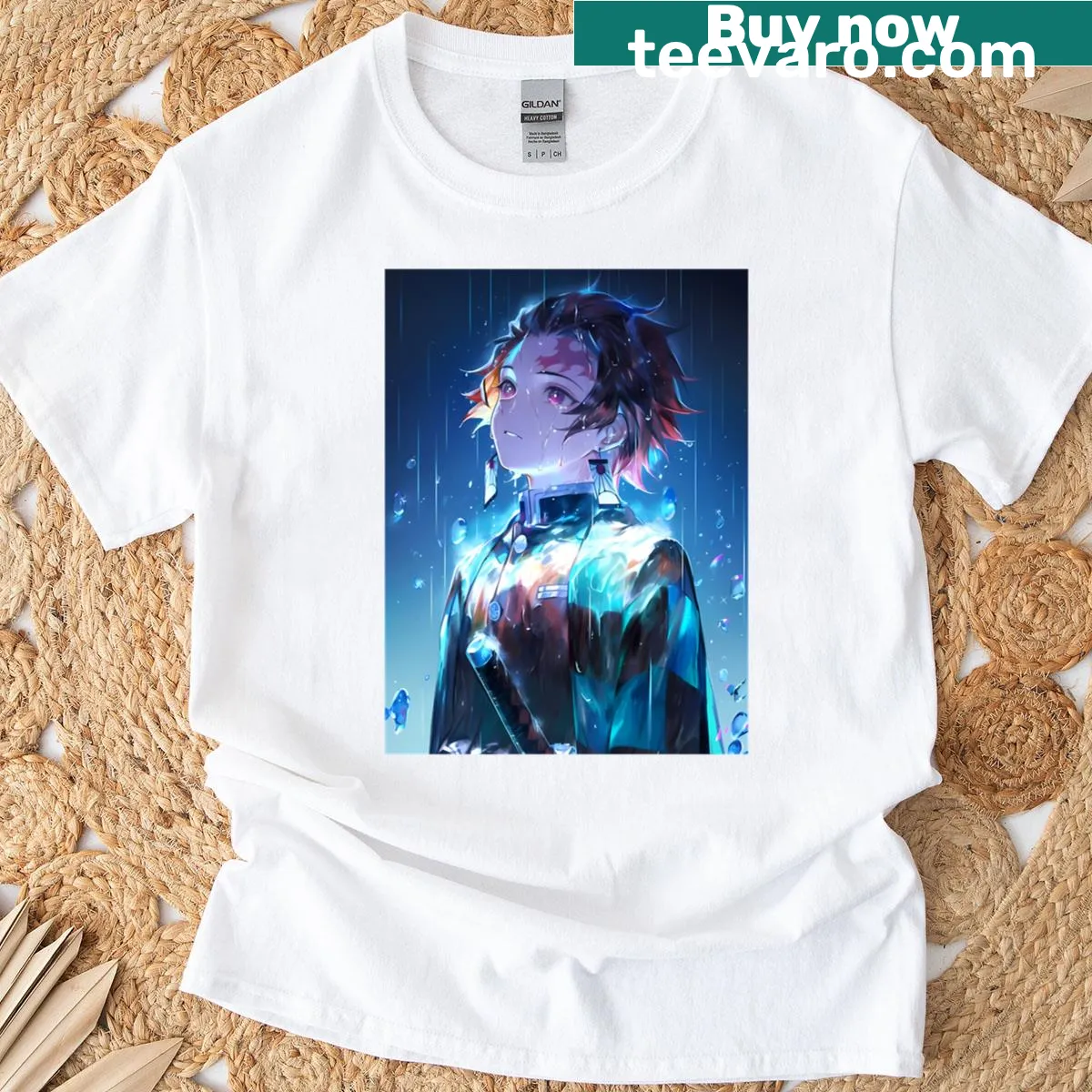 Anime-inspired T-shirt featuring Tanjiro Kamado in a reflective rain scene — on a men's t-shirt