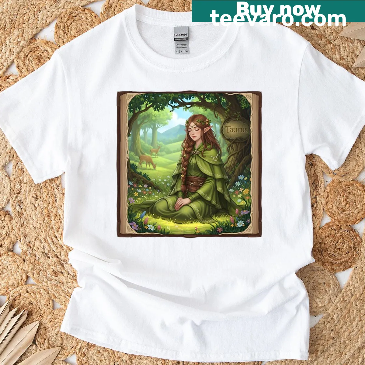 T-shirt featuring an illustration of a Taurus elf surrounded by earthy elements — on a men's t-shirt