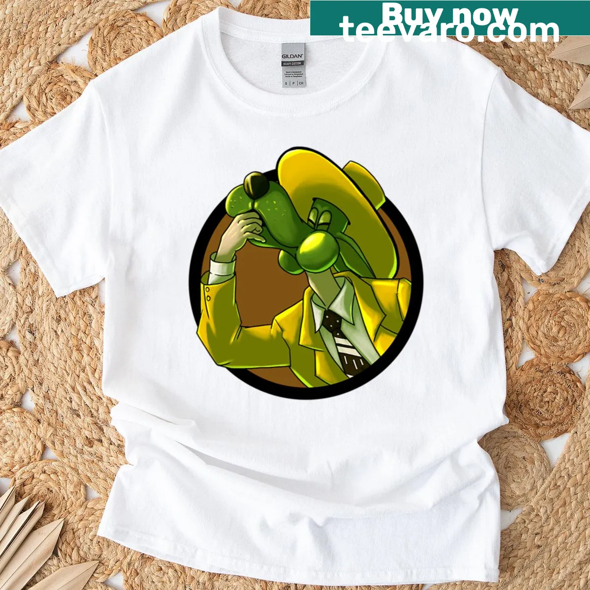 Cartoon graphic of a dog in a superhero mask on an oversized t-shirt. — on a men's t-shirt