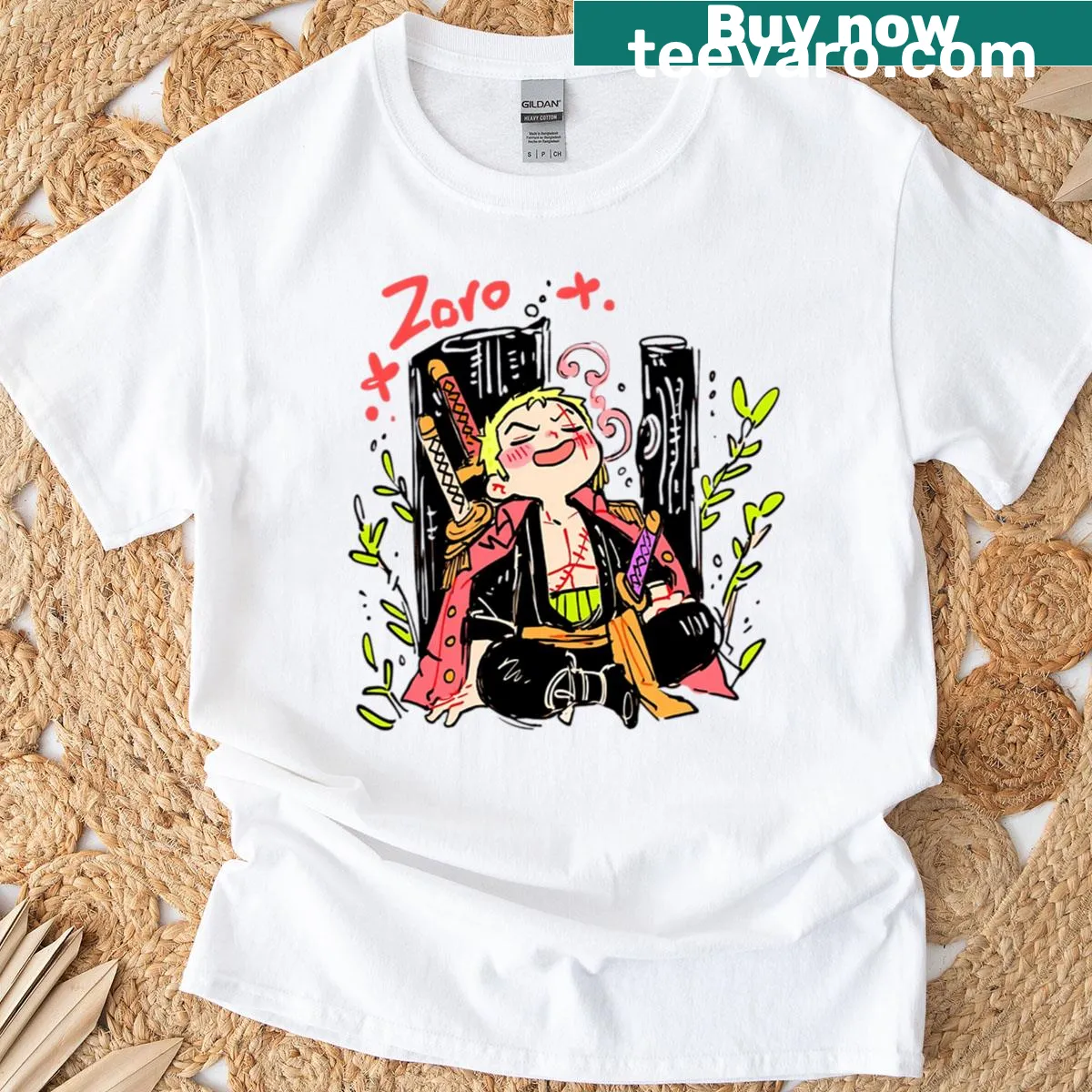 Illustration of a mini swordman on a fantasy-themed t-shirt. — on a men's t-shirt