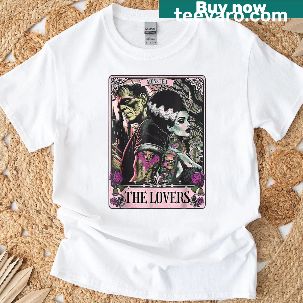 Illustrated T-shirt featuring Frankenstein and his bride — on a men's t-shirt