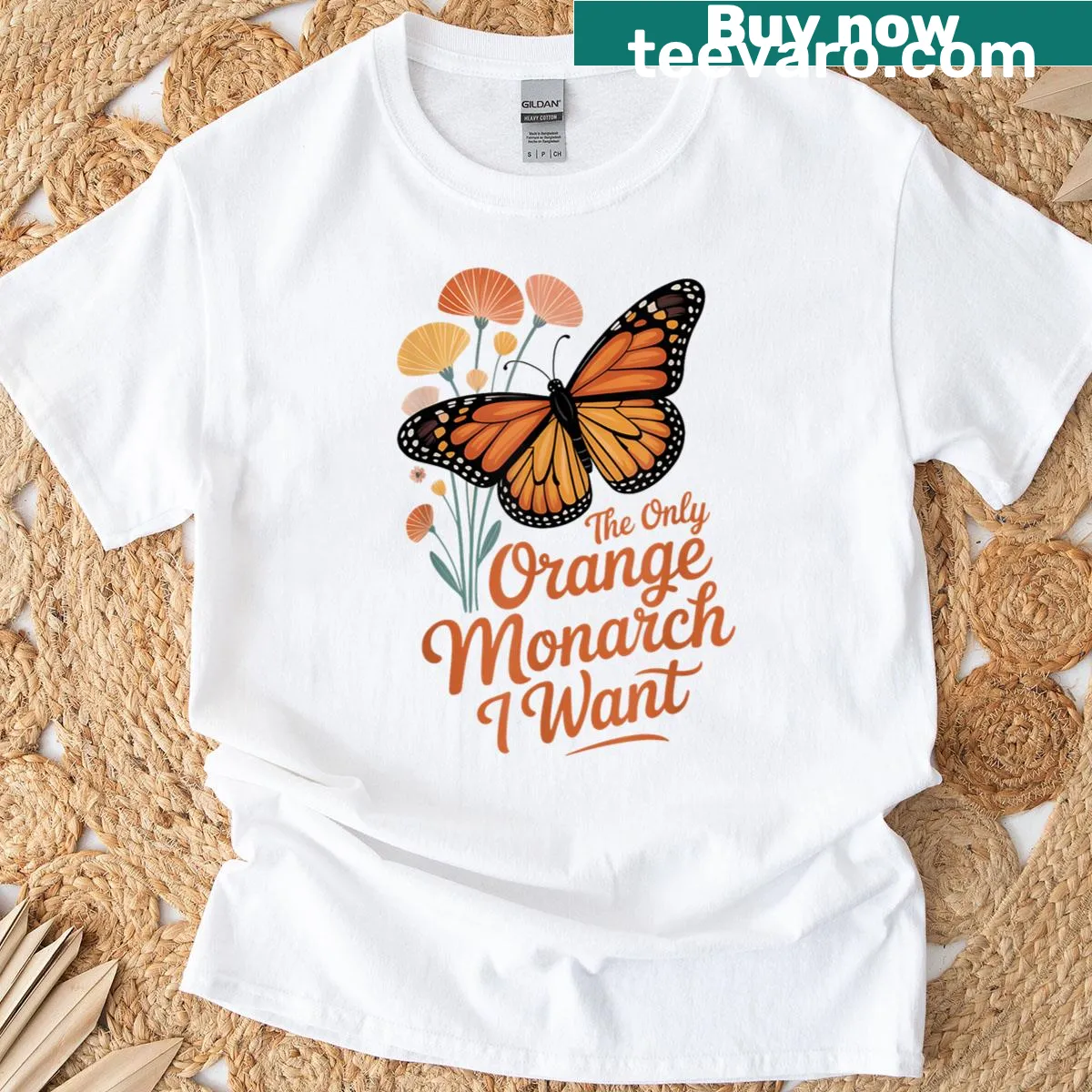T-shirt featuring an orange monarch butterfly and playful text for butterfly lovers. — on a men's t-shirt