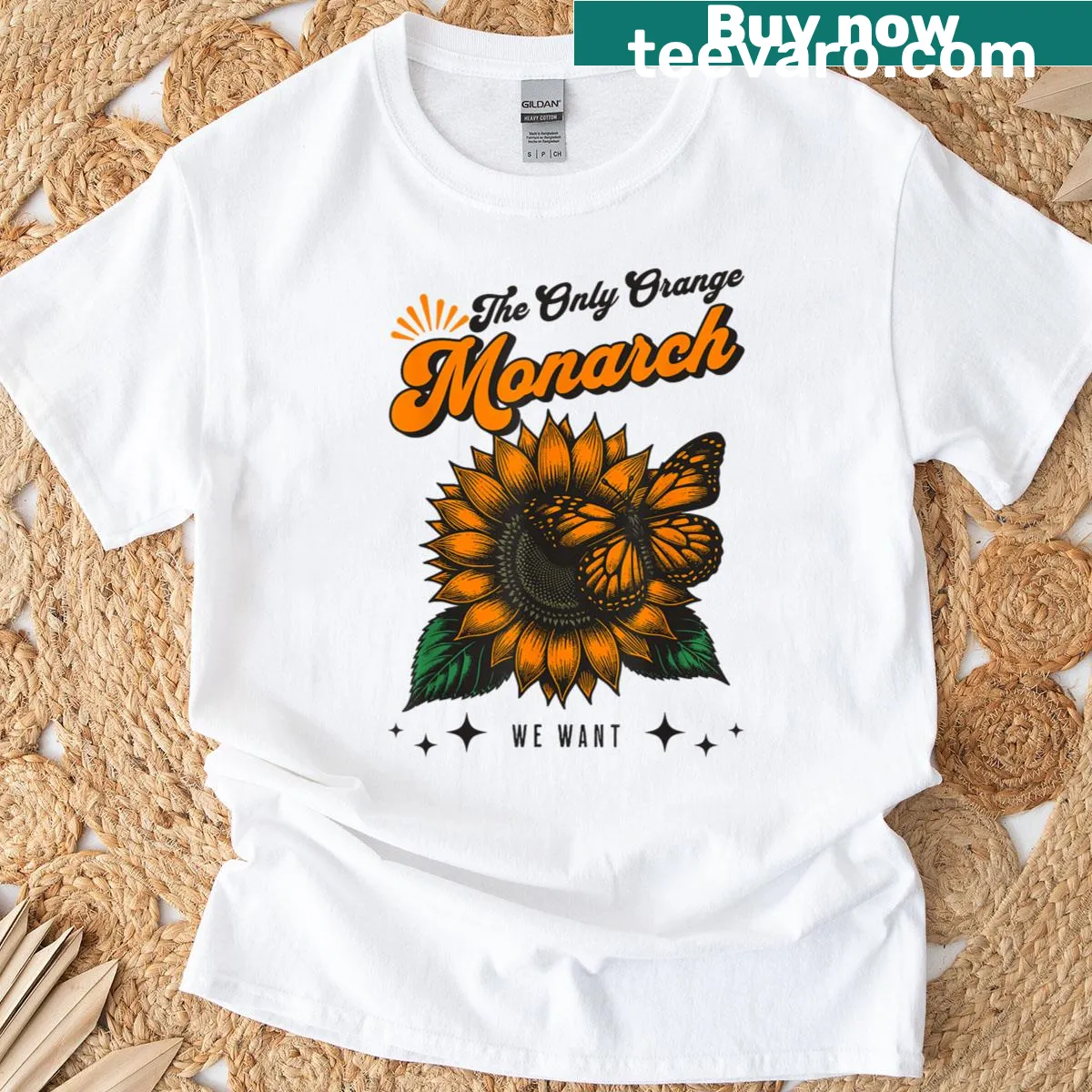 Illustrated orange monarch butterfly t-shirt — on a men's t-shirt