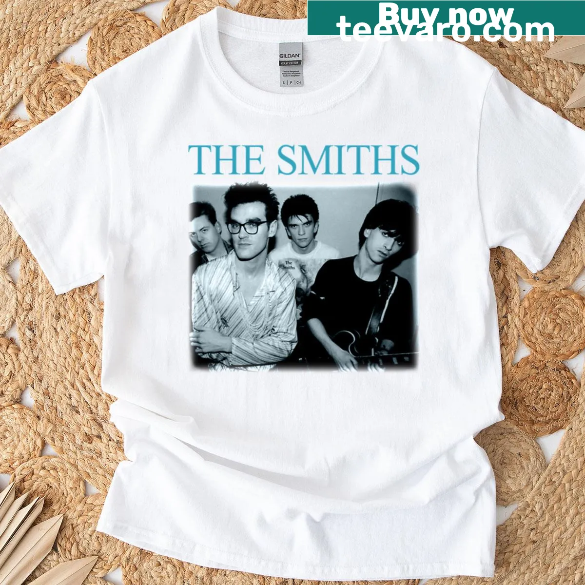 Vintage-style t-shirt featuring a photo of The Smiths — on a men's t-shirt