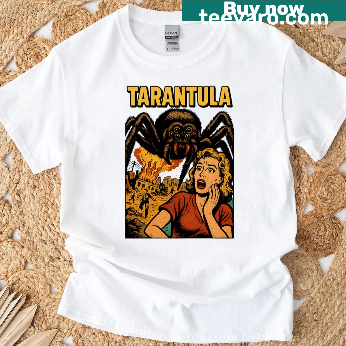 Fan art t-shirt depicting a giant spider causing chaos in a town — on a men's t-shirt