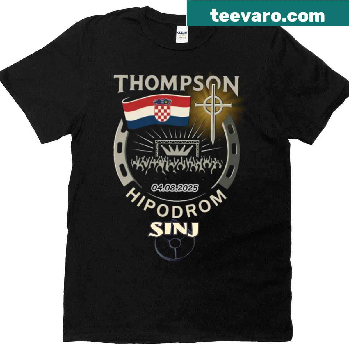 Vintage gold design shirt celebrating the Thompson Sinj Hipodrom — on a men's t-shirt