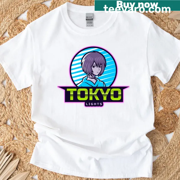 Cute neon art inspired by Tokyo nightlife on retro anime t-shirt