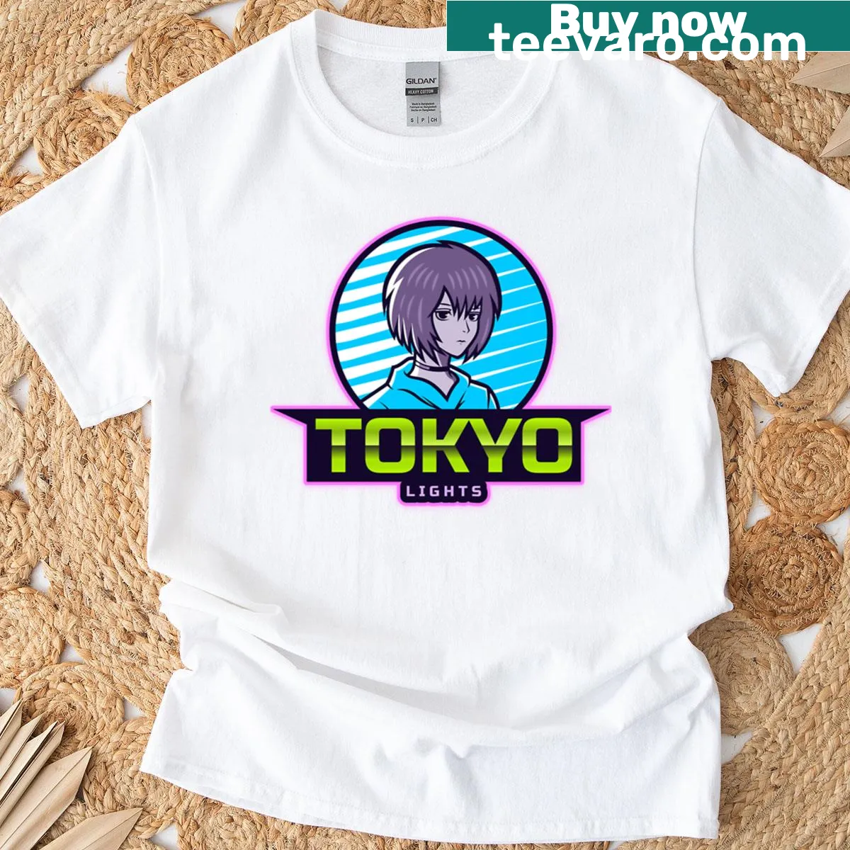 Cute neon art inspired by Tokyo nightlife on retro anime t-shirt — on a men's t-shirt
