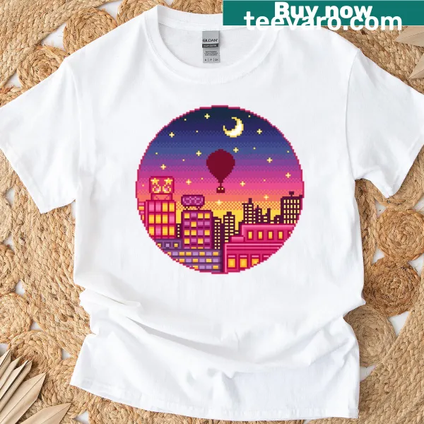 Pixel art design of Tokyo’s night sky on a t-shirt
