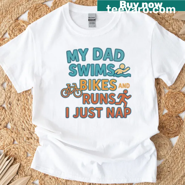 Funny T-shirt featuring a quote about a triathlon dad and his baby.