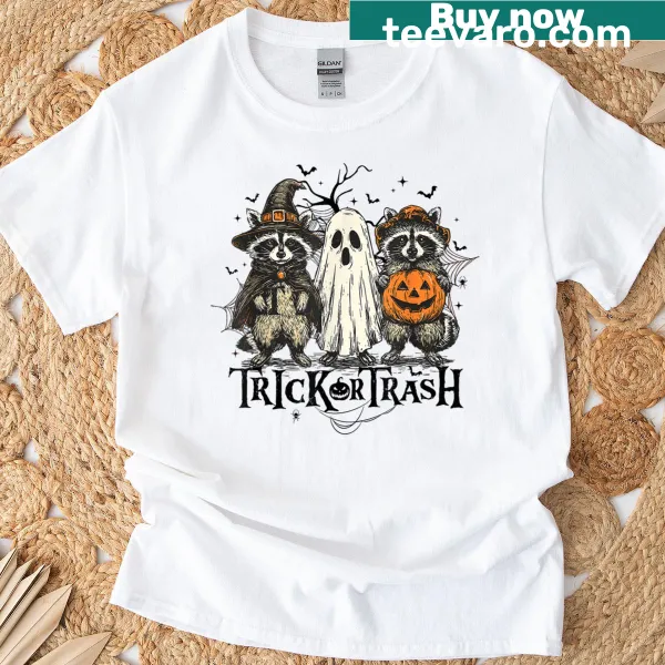 Whimsical raccoon ghost shirt with a playful Halloween theme