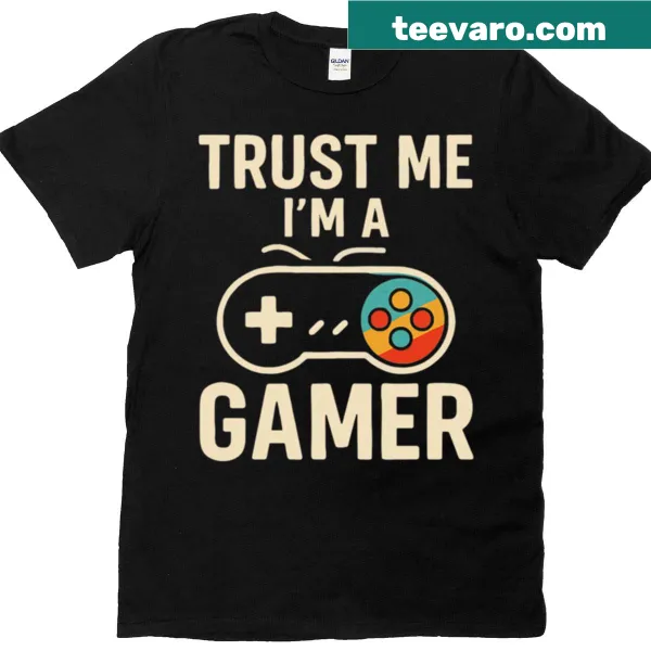 Funny retro gaming T-shirt with 'Trust Me I'm a Gamer' text