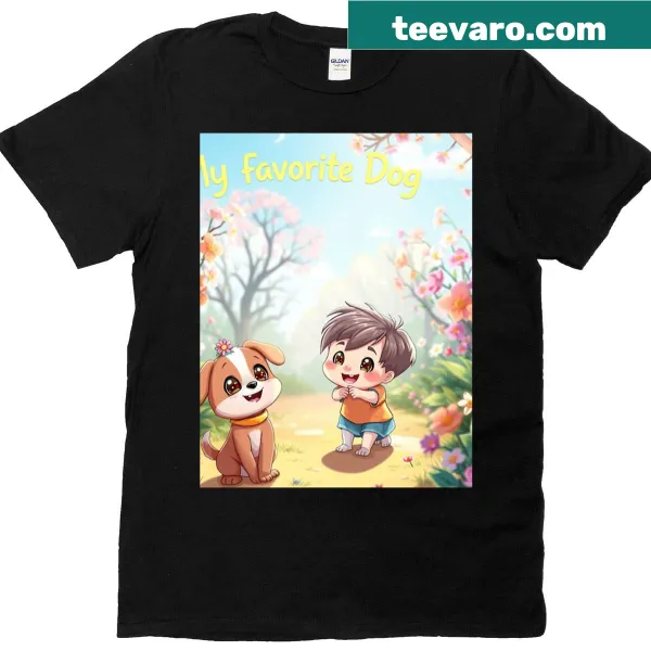 Illustration of a happy kid and puppy symbolizing innocence on a t-shirt.