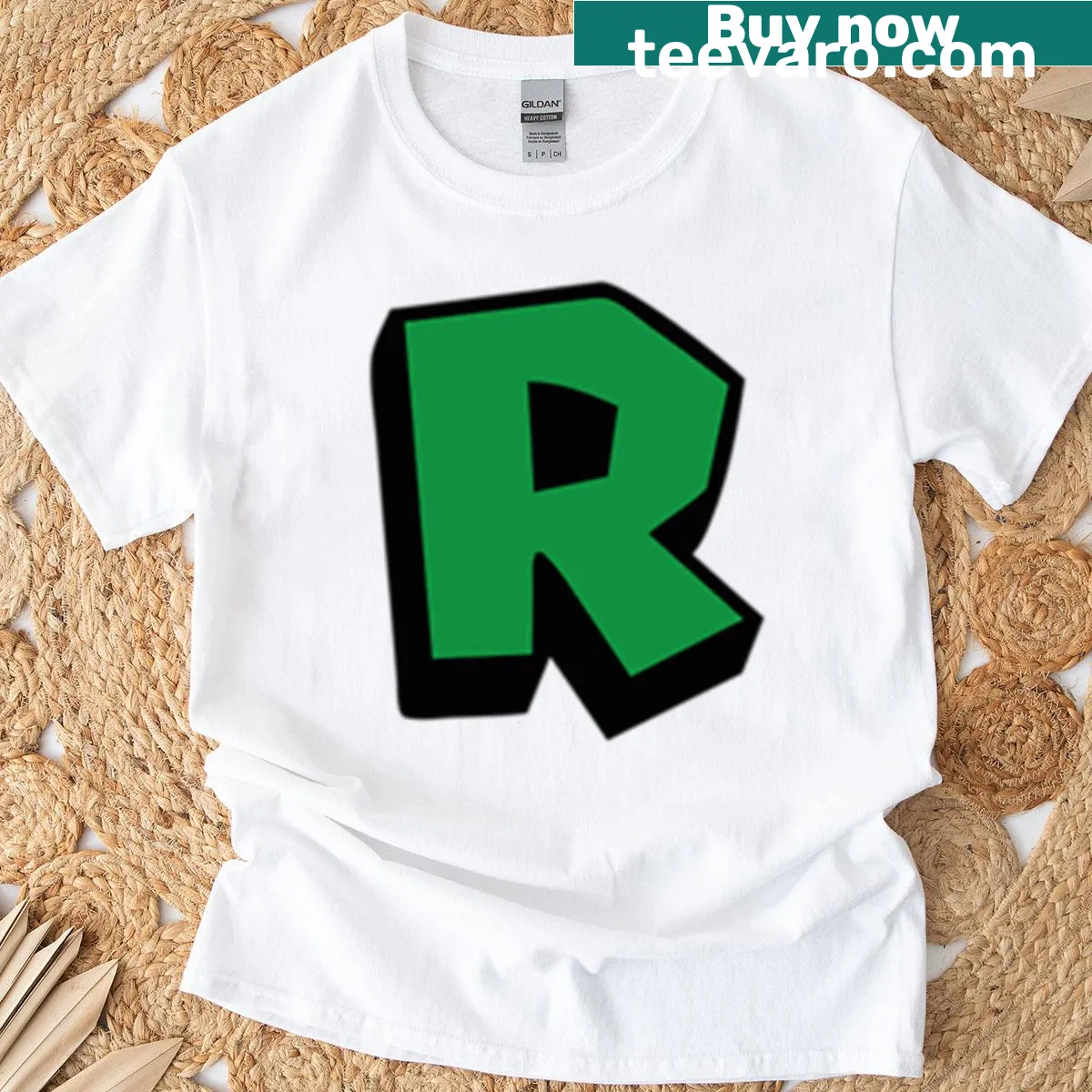 Colorful video game-style letter R t-shirt — on a men's t-shirt