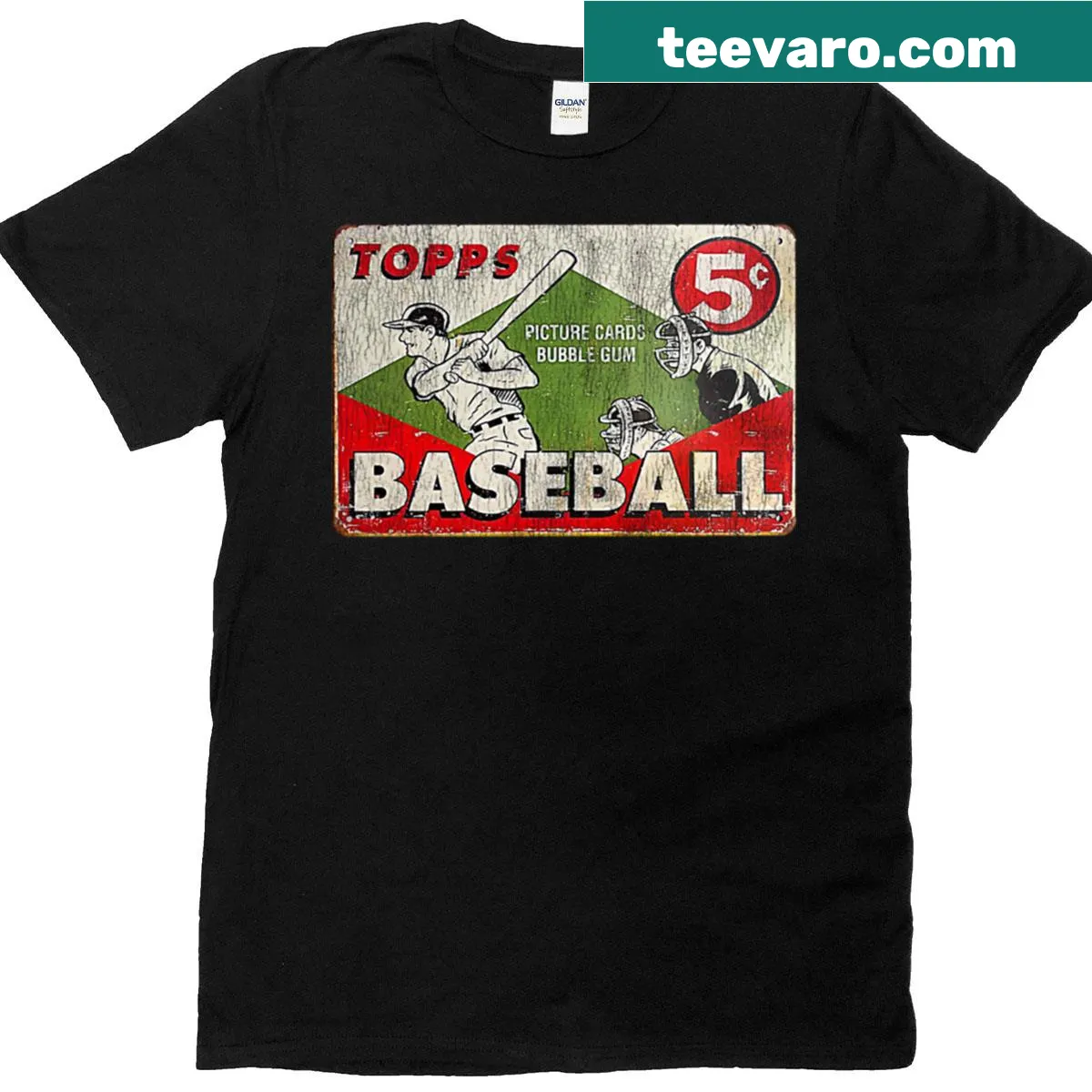 Vintage-style T-shirt inspired by classic baseball gum cards. — on a men's t-shirt