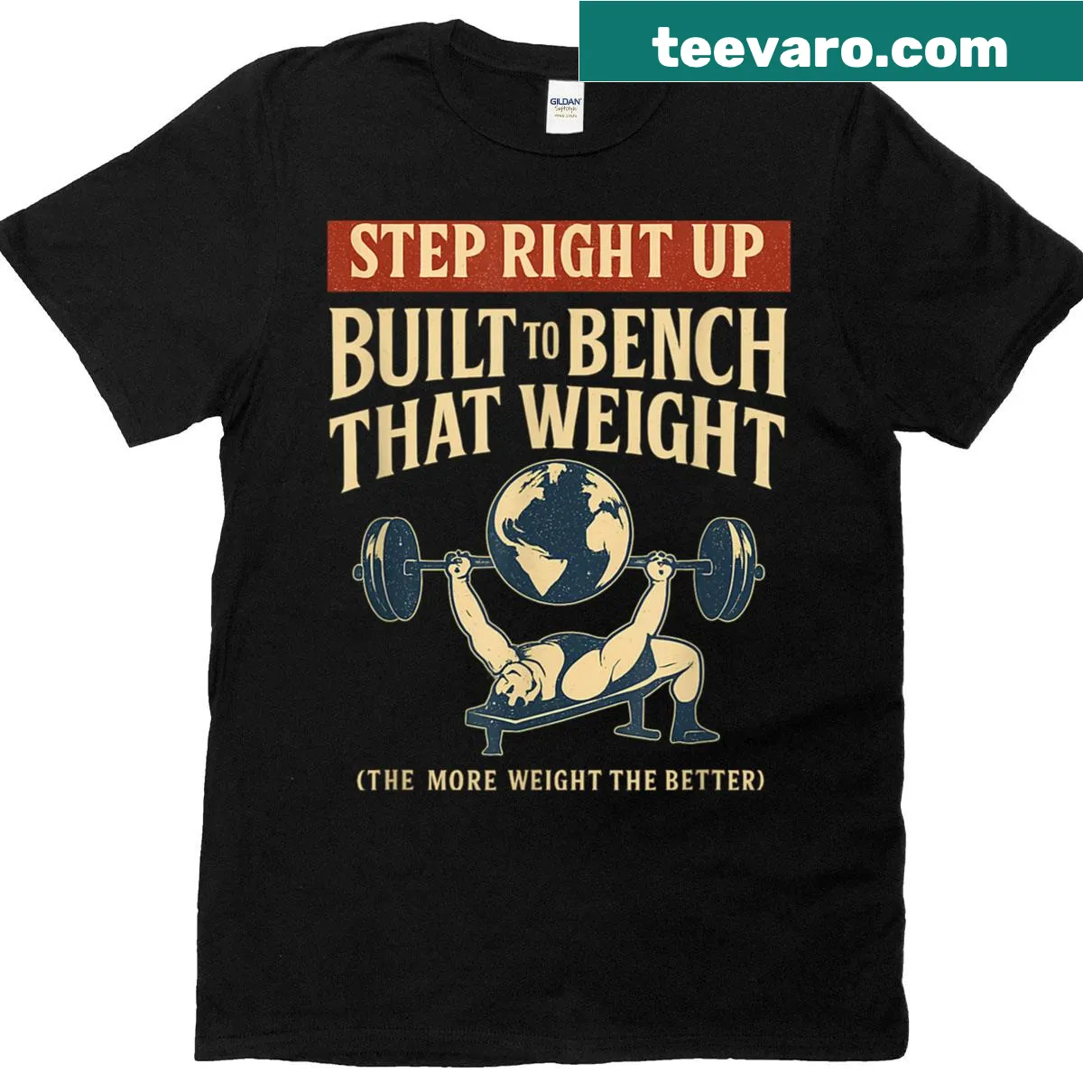 Vintage t-shirt featuring a strongman bench press illustration — on a men's t-shirt