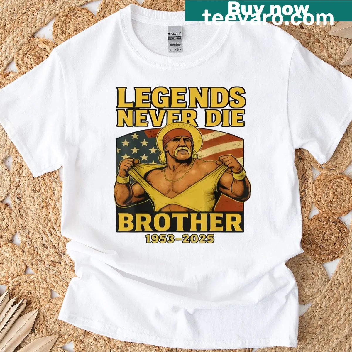 Vintage t-shirt with the quote 'Legends Never Die Brother' in classic typography — on a men's t-shirt