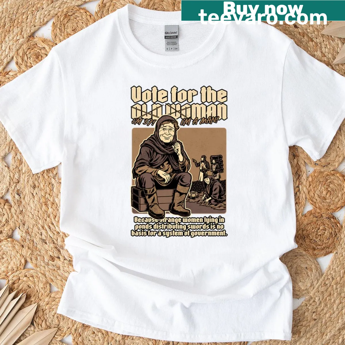Funny political slogan T-shirt with medieval theme — on a men's t-shirt