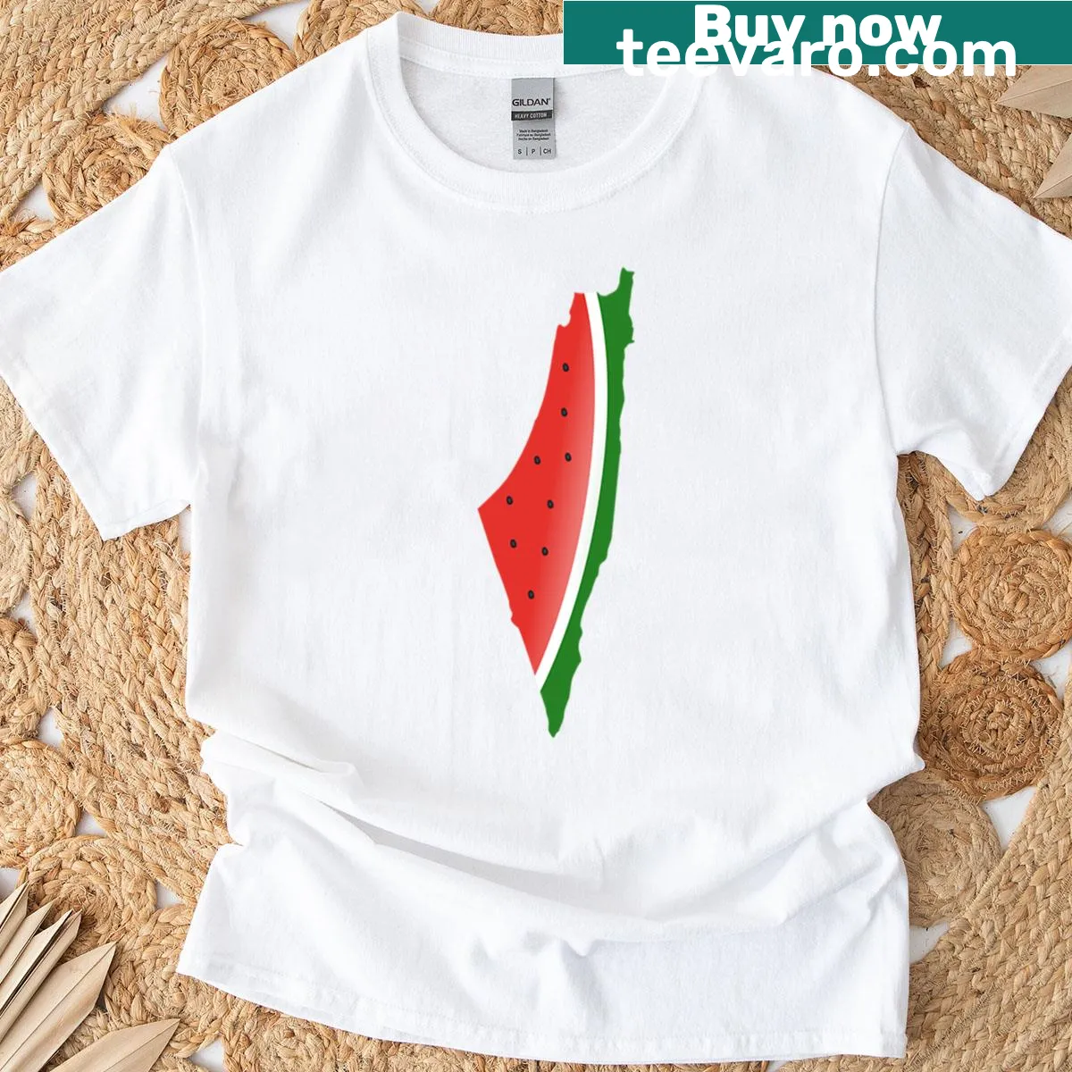 Graphic T-shirt featuring watermelon design with Palestine text — on a men's t-shirt