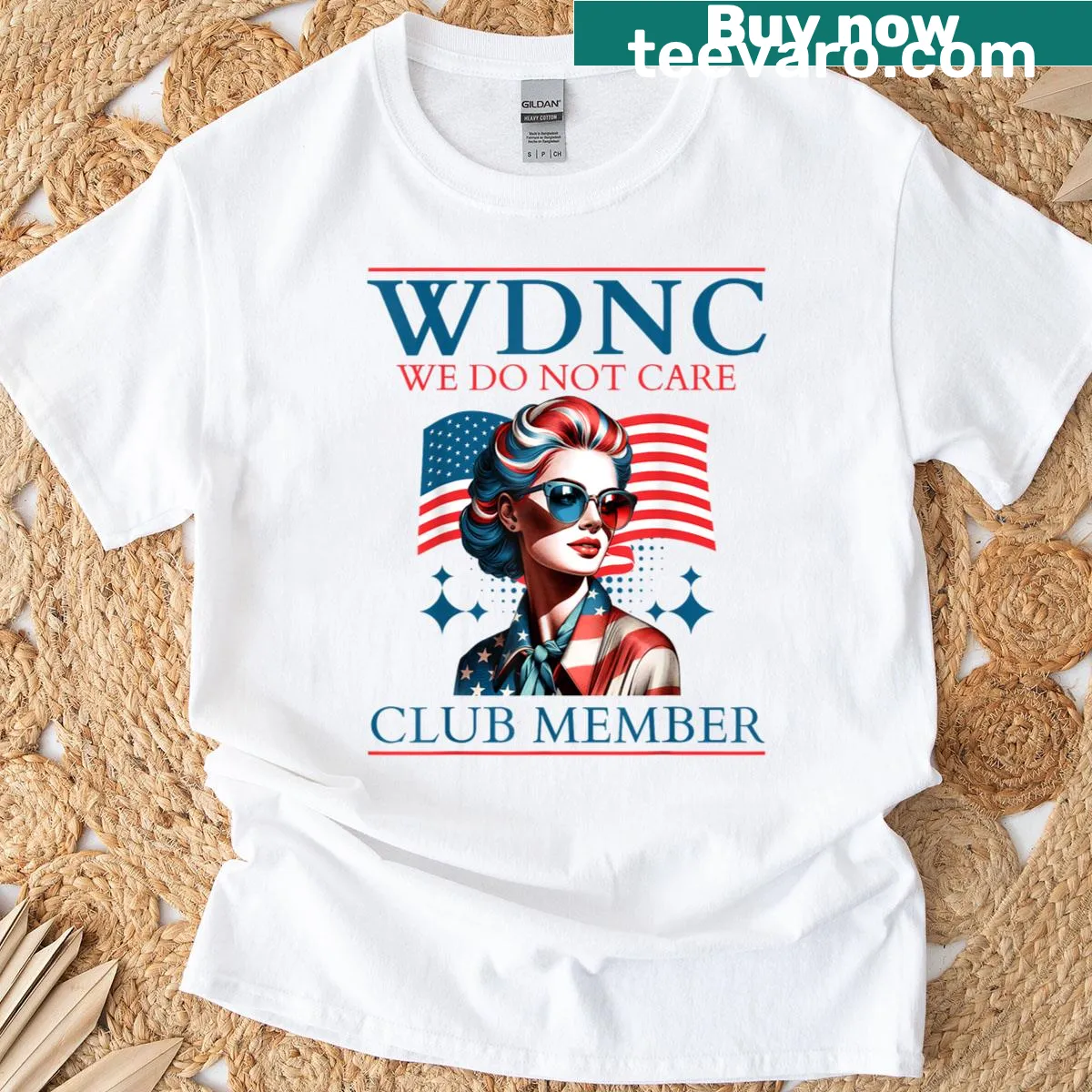 Patriotic t-shirt with 'We Do Not Care Club' badge design — on a men's t-shirt