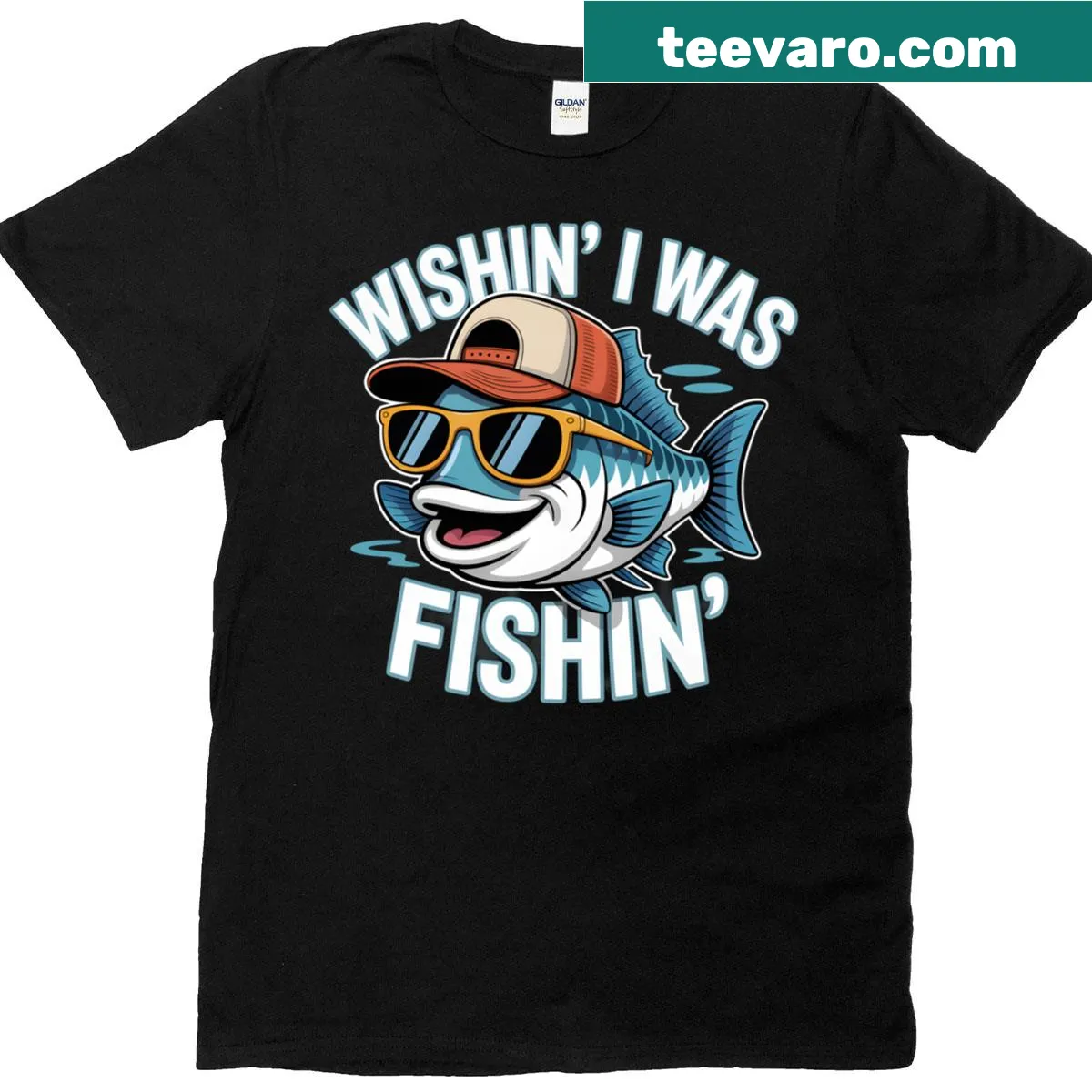 Cartoon t-shirt featuring the phrase 'Wishin I Was Fishin' — on a men's t-shirt