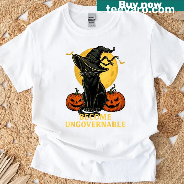Whimsical Halloween design with a witch cat and magical elements