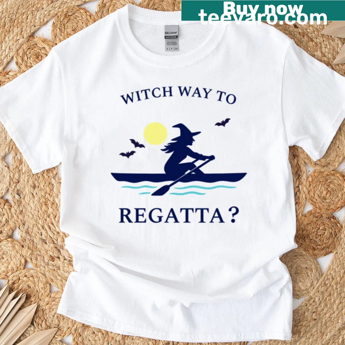T-shirt with Witch Way To Regatta text and graphic — on a men's t-shirt