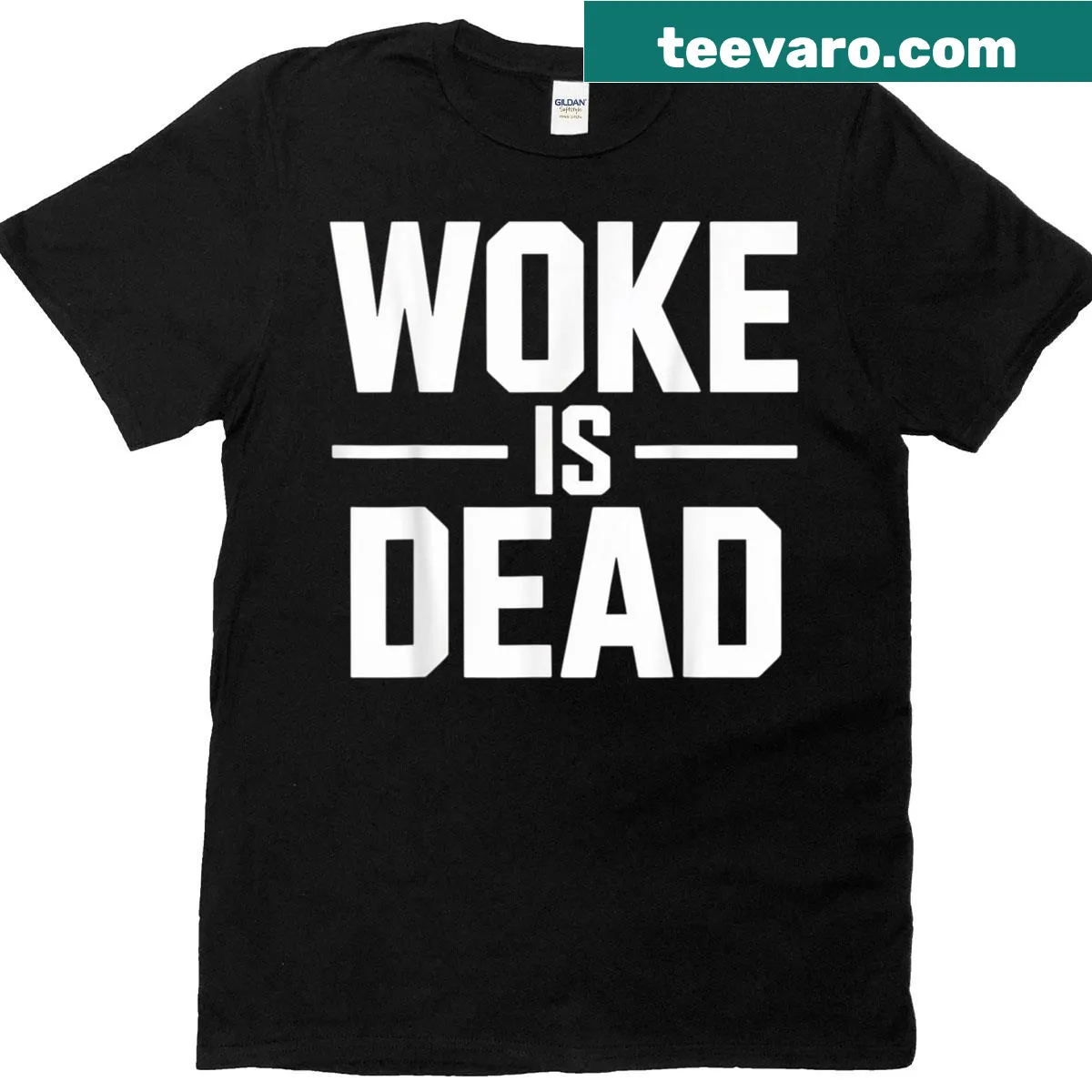 Bold Woke Is Dead tactical vibe T-shirt — on a men's t-shirt