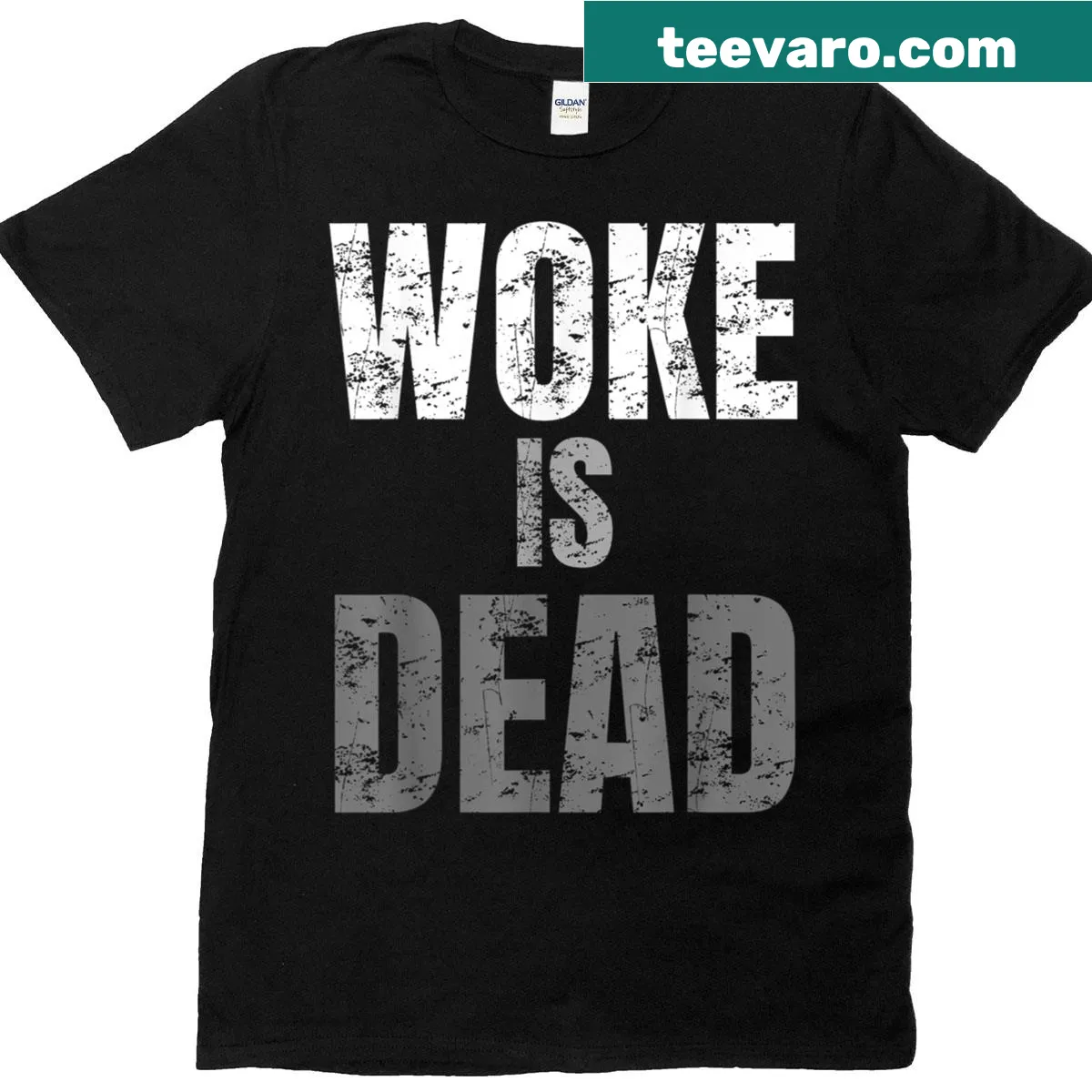 Funny t-shirt with sarcastic slogan 'Woke Is Dead' in bold text — on a men's t-shirt