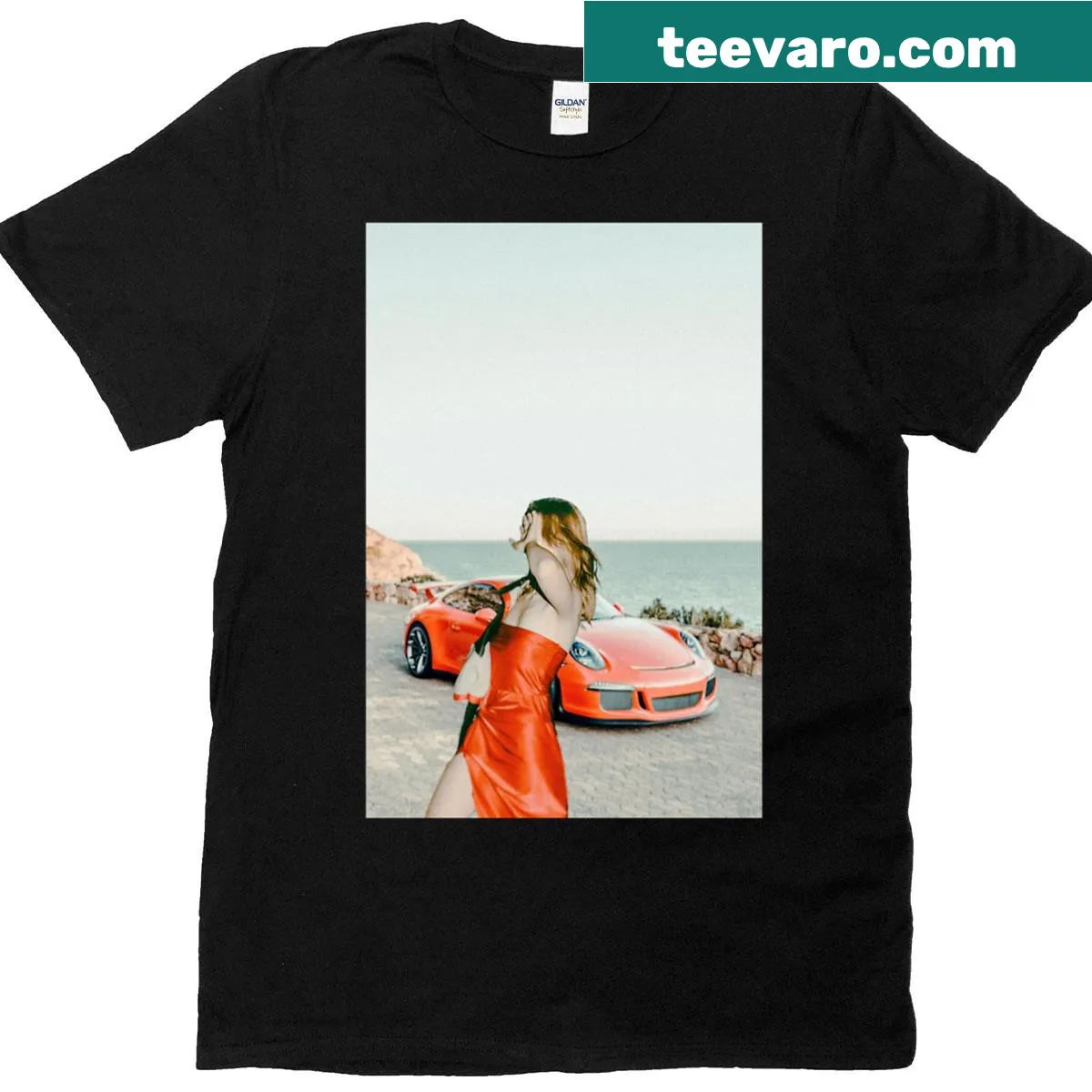 Illustration of woman with a sports car on T-shirt — on a men's t-shirt