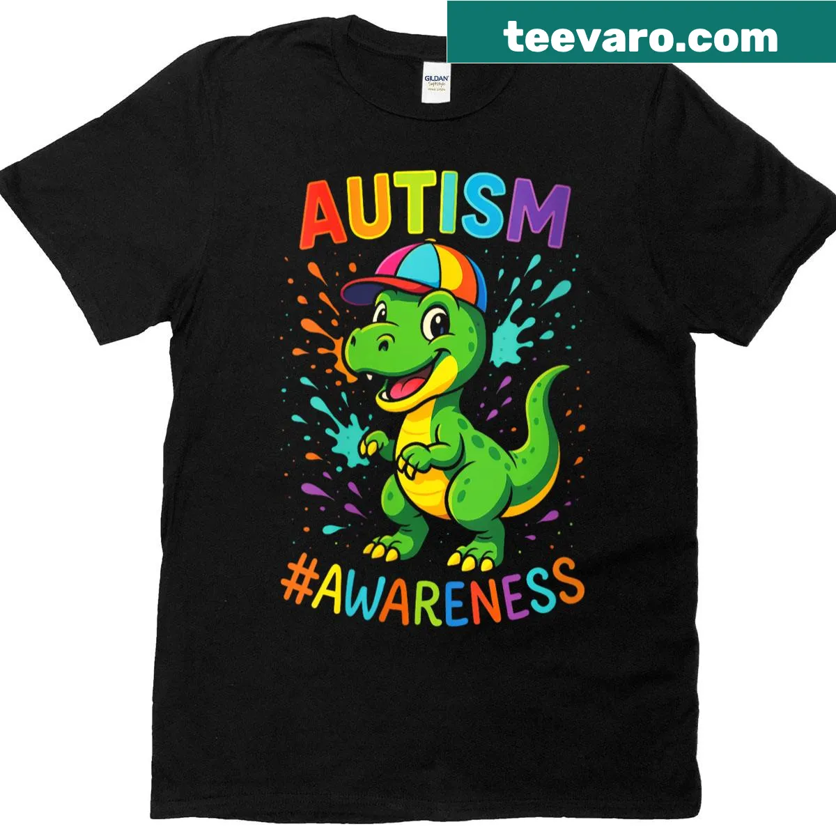 Cartoon dinosaur design T-shirt promoting autism awareness — on a men's t-shirt
