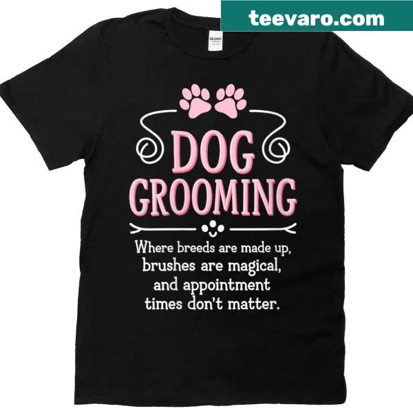 Illustrated dog grooming T-shirt featuring cute dog graphics