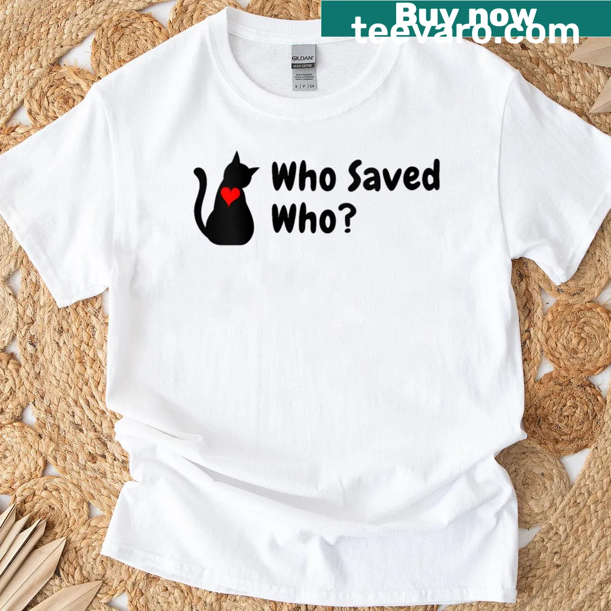 Sentimental t-shirt about cat adoption featuring Who Saved Who text — on a men's t-shirt