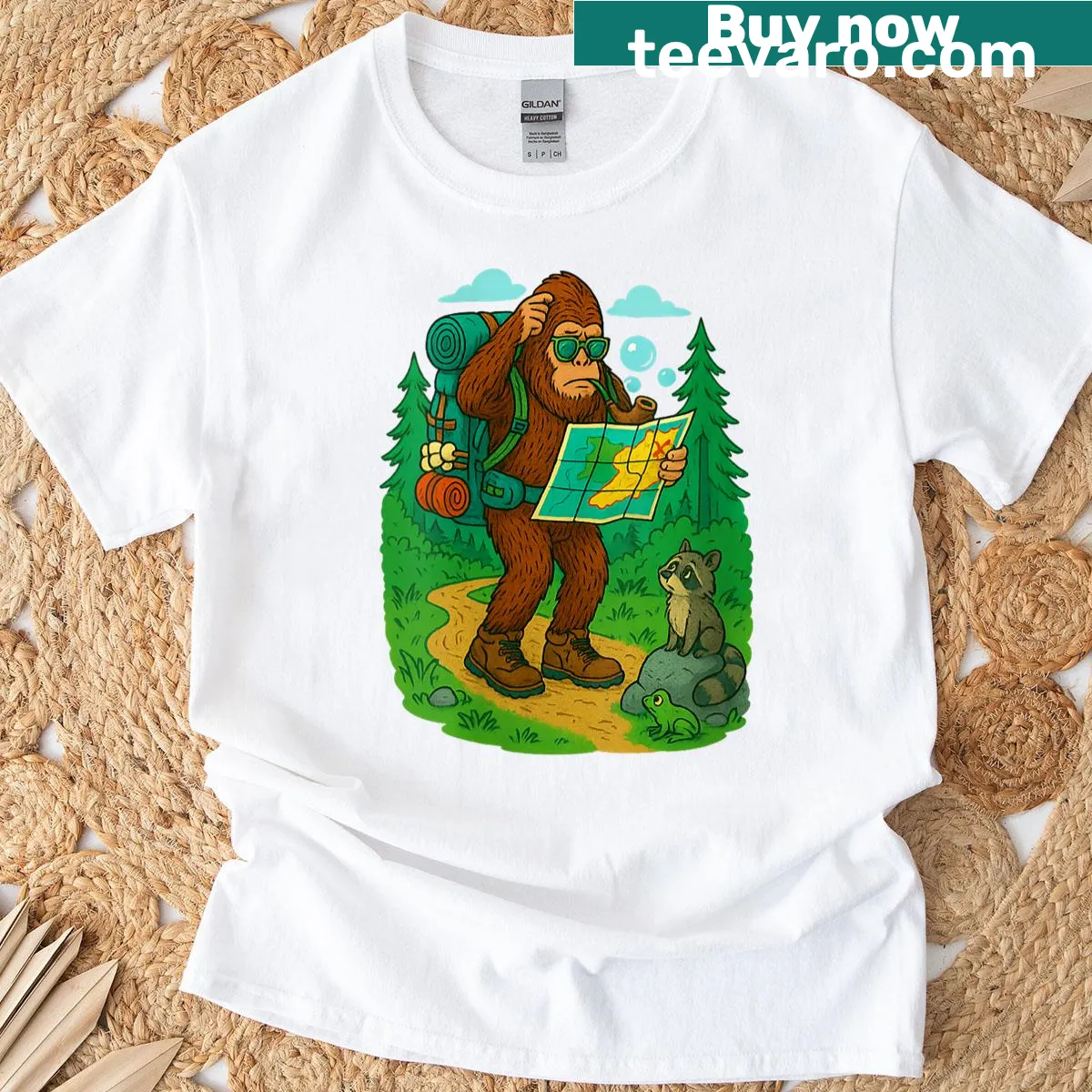 Humorous Sasquatch design with a map on T-shirt. — on a men's t-shirt