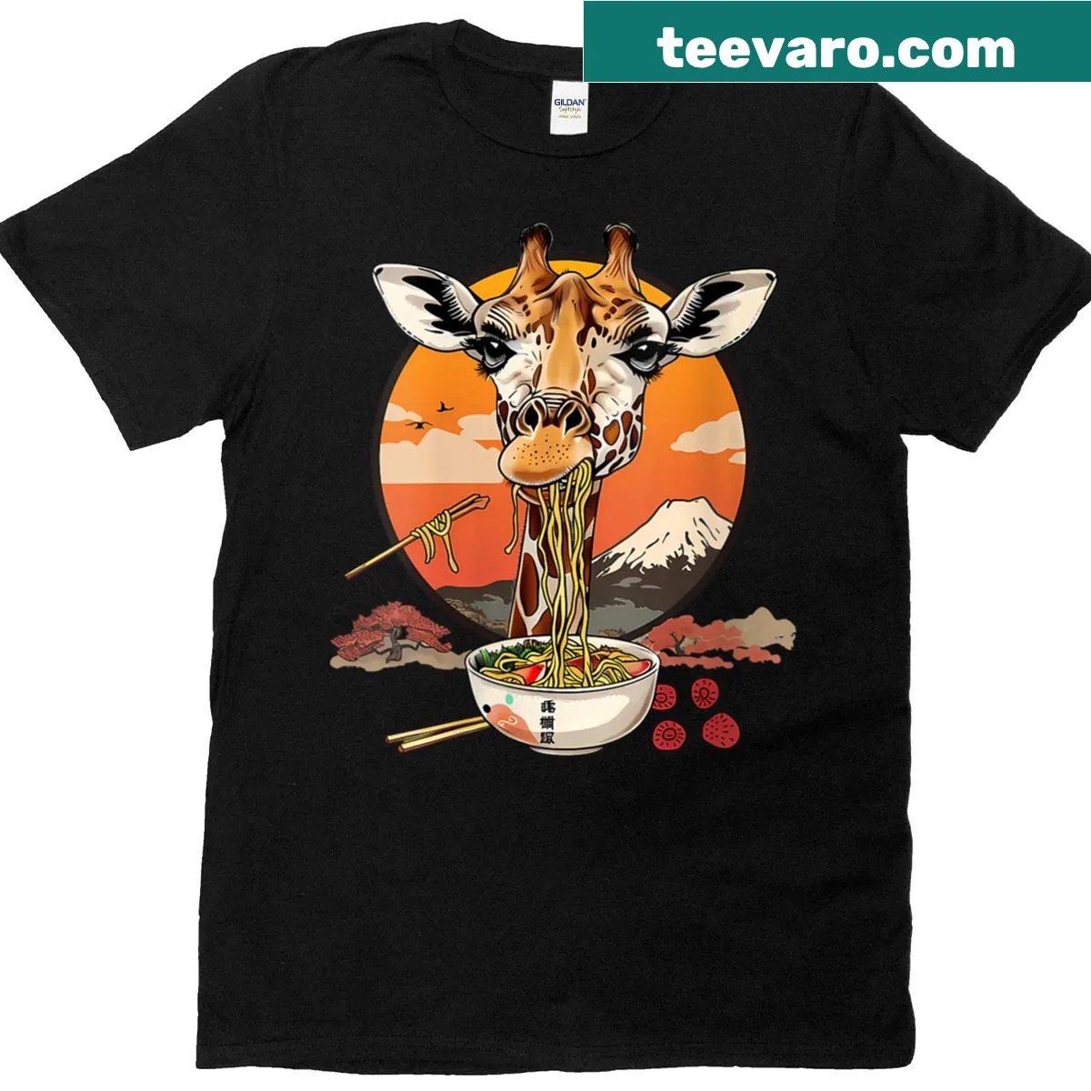 Whimsical t-shirt with a giraffe eating ramen — on a men's t-shirt