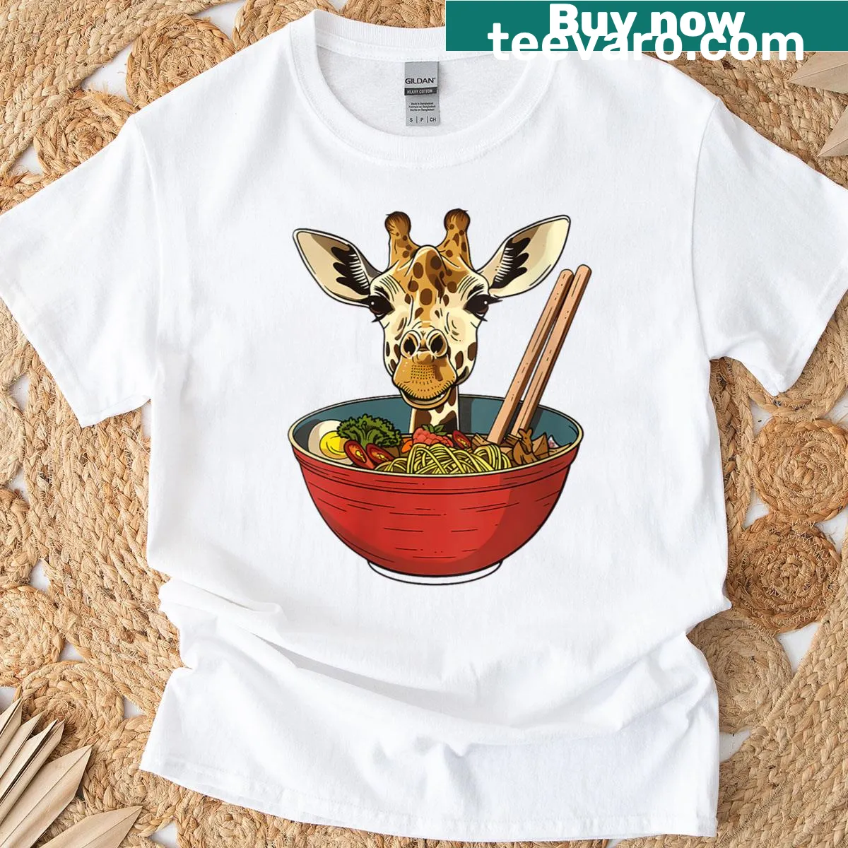 Cute giraffe and ramen bowl illustration on T-shirt. — on a men's t-shirt