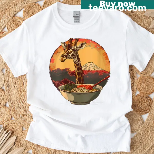 Illustrated T-shirt featuring a giraffe, ramen, and Mount Fuji.