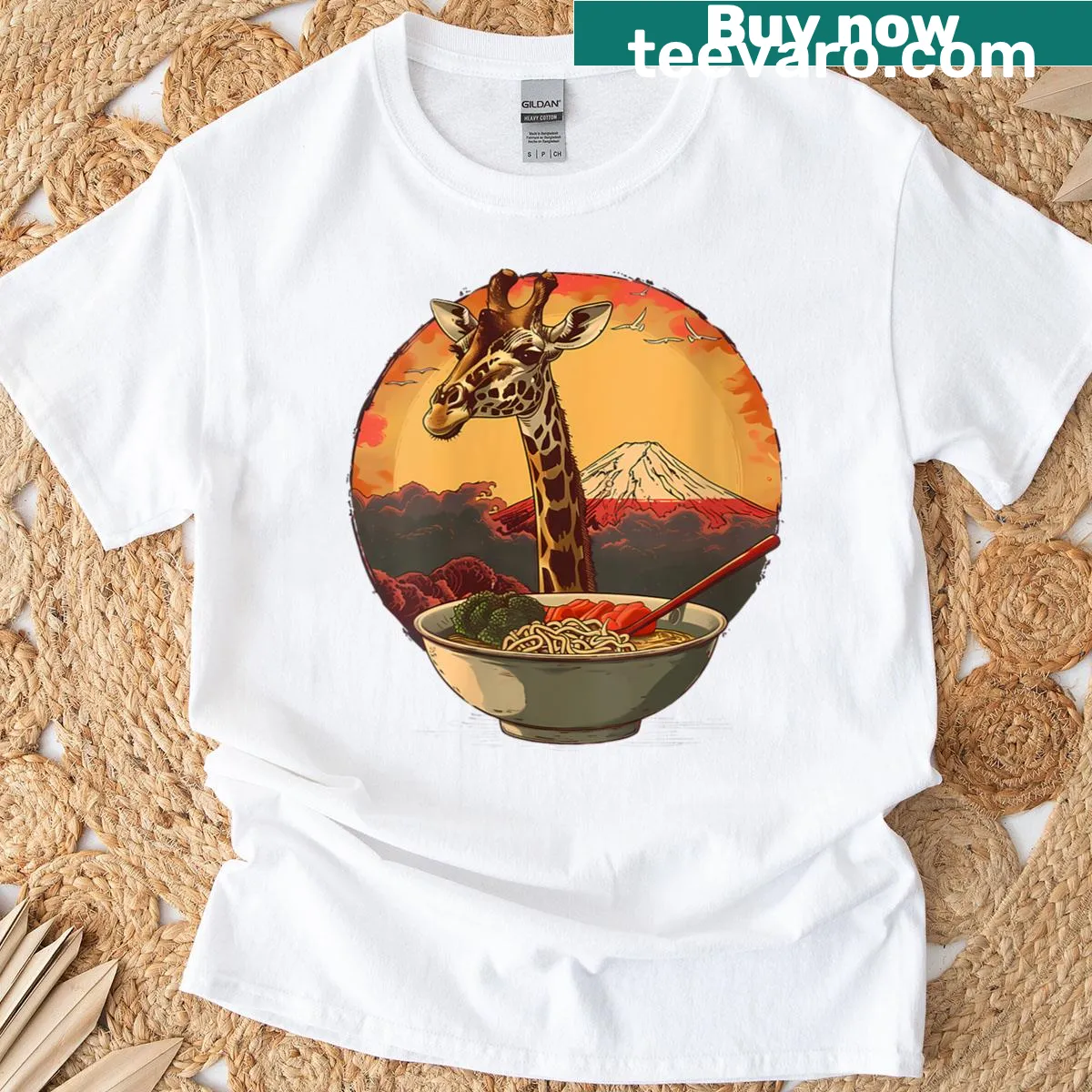 Illustrated T-shirt featuring a giraffe, ramen, and Mount Fuji. — on a men's t-shirt