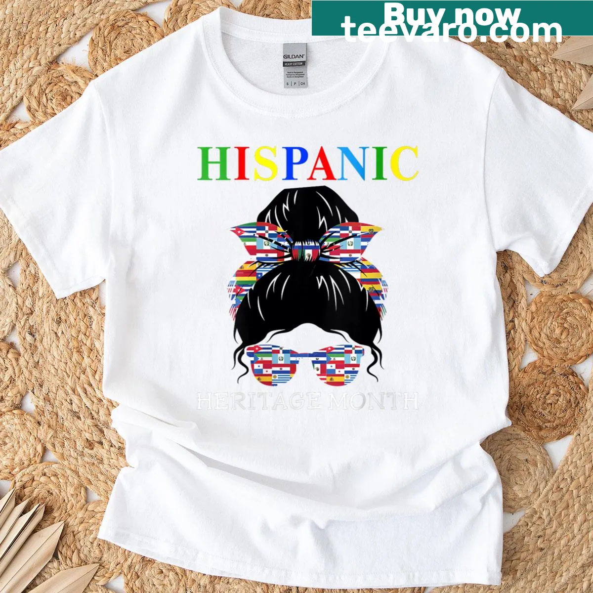 Hispanic Heritage Month t-shirt with flags and messy bun design — on a men's t-shirt
