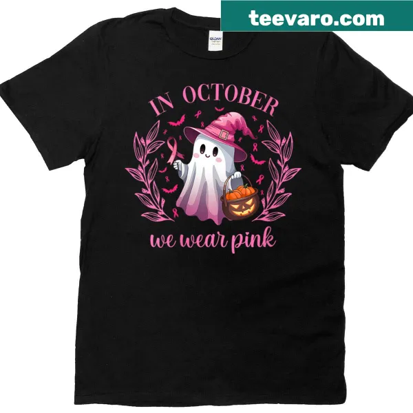 Playful October awareness T-shirt with ghost and witch designs