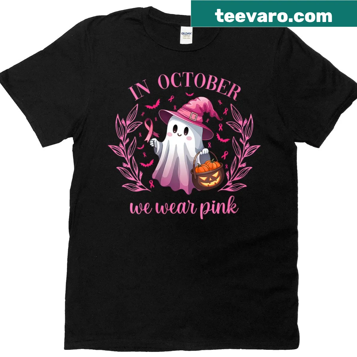 Playful October awareness T-shirt with ghost and witch designs — on a men's t-shirt