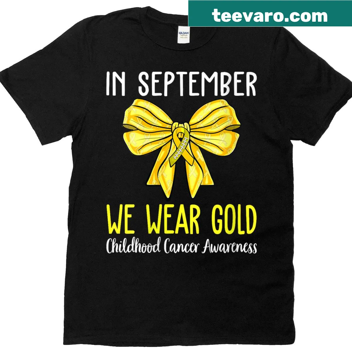 Gold ribbon graphic T-shirt for childhood cancer awareness — on a men's t-shirt